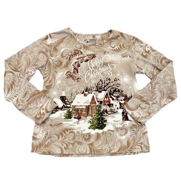 Long Sleeve Tan Pattern Christmas Shirt Womens Top Size Small Rhinestones - Picture 5 of 5